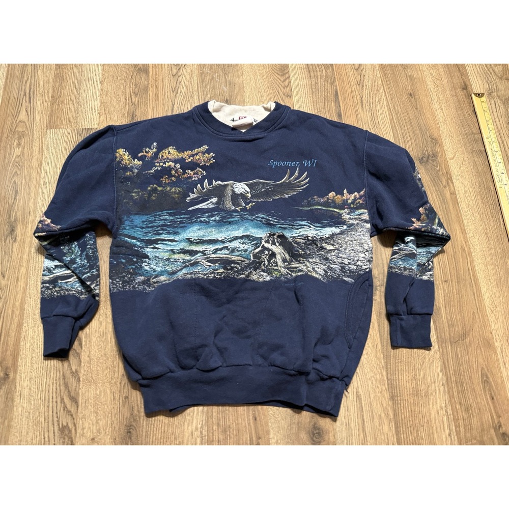 Art Unlimited Sportswear Mens Size S Navy Blue Sweatshirt Spooner WI Bald Eagle